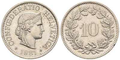 Швейцария 10 раппенов 1981 B KM 27 медно-никель 4609-1021