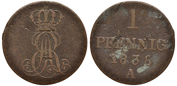 Ганновер 1 пфенниг 1838 A, Эрнст Август (1837-1851) KM 173.1, AKS 126, J. 54 медь 75-565