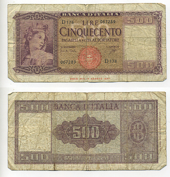 Италия 500 лир 1961 Pick 80b бумага 7214-28-3