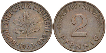 ФРГ 2 пфеннига 1963 F KM 106, J. 381 бронза 55-1137