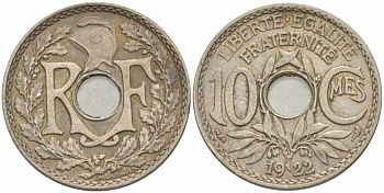 ФРАНЦИЯ 10 САНТИМОВ 1922 ТИП ЛИНДАЙЁ KM 866а, LE FRANC 138.6 медно-никель 108-136