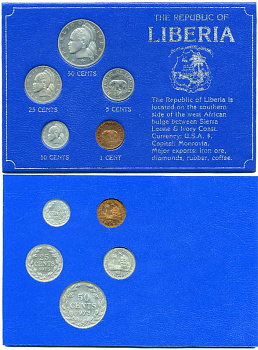 ЛИБЕРИЯ НАБОР ИЗ 5 МОНЕТ 1973 В БУКЛЕТЕ (1-50 ЦЕНТОВ) UNC 5-4-3-86