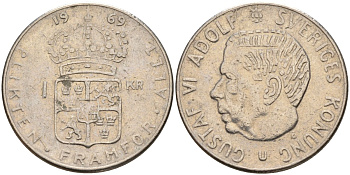 Швеция 1 крона 1969 U, Густав VI Адольф (1950-1973) KM 826a медь плакированный медно-никелем 4150-255