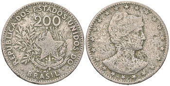 Бразилия 200 реалов 1901 MCMI, голова свободы вправо KM 504 медно-никель 4612-154