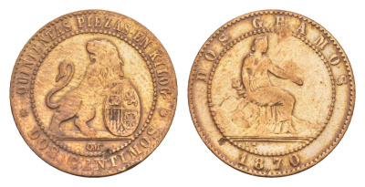 Испания 2 сентимо 1870 Временное правительство KM 661 медь 4655-464