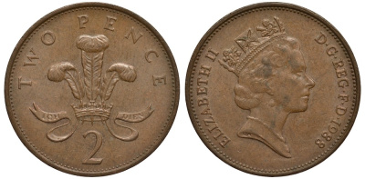Великобритания 2 пенса 1988 Елизавета II (1952-2022) KM 936, Spink 4376 (C3) бронза 186-843