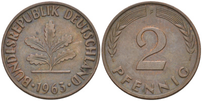 ФРГ 2 пфеннига 1963 F KM 106, J. 381 бронза 55-1137