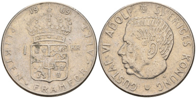 Швеция 1 крона 1969 U, Густав VI Адольф (1950-1973) KM 826a медь плакированный медно-никелем 4150-255