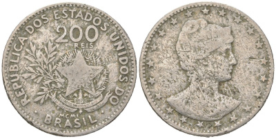 Бразилия 200 реалов 1901 MCMI, голова свободы вправо KM 504 медно-никель 4612-154