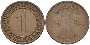 ГЕРМАНИЯ 1 РЕЙХСПФЕННИГ 1934 A KM 37, J. 313, Weege 2 бронза 211-126
