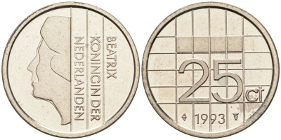Нидерланды 25 центов 1993 Беатрикс (1980-2013) KM 204 никель UNC 4588-925