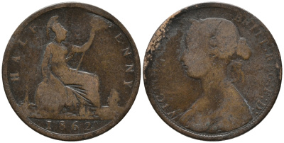 Великобритания 1/2 пенни 1862 Виктория (1837-1901) KM 748.2, Spink 3956 бронза 34-945