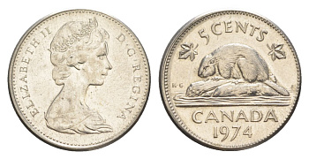 Канада 5 центов 1974 Елизавета II (1952-2022), бобр KM 60.1 никель 4630-722