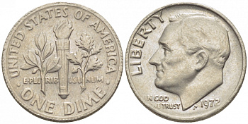 США 10 ЦЕНТОВ = 1 ДАЙМ 1972 РУЗВЕЛЬТ KM 195а медь плакированная медно-никелем 105-1044