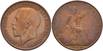 Великобритания 1 пенни 1914 Георг V (1910-1936) KM 810, Spink 4051 бронза 4593-143