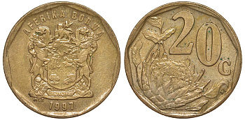 ЮАР 20 центов 1997 герб, цветок протея, легенда на тсвана KM 162 сталь плакированная латунью 4164-561