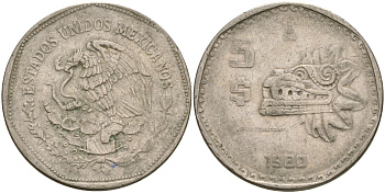 Мексика 5 песо 1980 ацтеская скульптура, пернатый змей Кетцалькоатль KM 485 медно-никель 4120-931