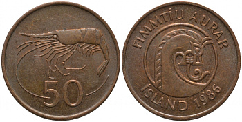 Исландия 50 эйре 1986 КРЕВЕТКА KM 26а сталь плакированная бронзой 181-634
