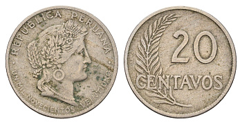 Перу 20 сентаво 1921 KM 215 медно-никель 4675-631