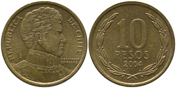Чили 10 песо 2004 So KM 228.2, Schon 82 алюминиевая бронза 4544-727