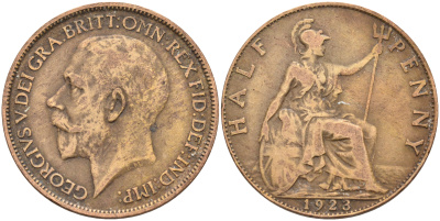 Великобритания 1/2 пенни 1923 Георг V (1910-1936) KM 809, Spink 4056 бронза 4589-923