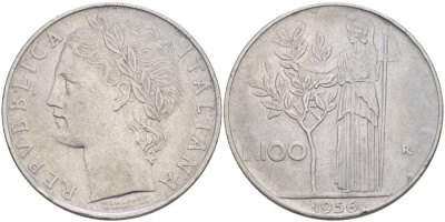 ИТАЛИЯ 100 ЛИР 1956 R, АФИНА У ОЛИВКОВОГО ДЕРЕВА KM 96.1 нержавеющая сталь 4545-621