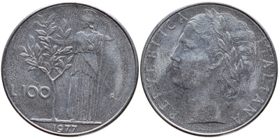 ИТАЛИЯ 100 ЛИР 1977 R , АФИНА KM 96.1 нержавеющая сталь 4394-622