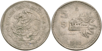 Мексика 5 песо 1980 ацтеская скульптура, пернатый змей Кетцалькоатль KM 485 медно-никель 4120-931