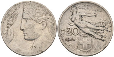 Италия 20 чентезимо 1908 R KM 44 никель 51-312