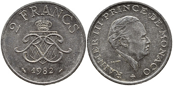 Монако 2 франка 1982 Ренье III (1949-2005) KM 157 никель 4389-1234