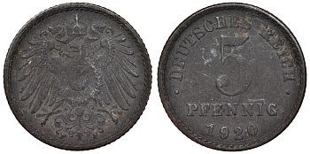 Германия 5 пфеннигов 1920 F KM 19, J. 297, Weege 5 железо 4118-1152