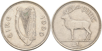 Ирландия 1 фунт 1990 олень KM 27 медно-никель 69-832