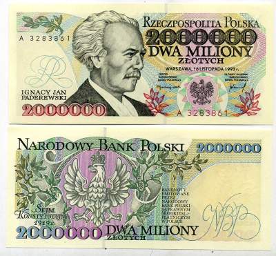 Польша 2000000 злотых 1993 серия A, Игнаций Ян Падеревский Pick 163 a  бумага UNC (пресс) 451-444-1