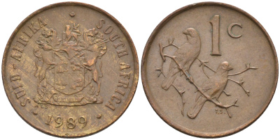 ЮАР 1 ЦЕНТ 1989 ДВЕ ПТИЧКИ НА ВЕТКЕ KM 82 бронза 4594-129
