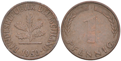 ФРГ 1 пфенниг 1950 J KM 105, J.380 сталь плакированная медью 187-855