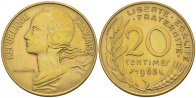 ФРАНЦИЯ 20 САНТИМОВ 1963 KM 930 медь алюминий никель 113-1223
