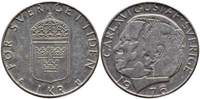 Швеция 1 крона 1976 Карл XVI Густав (1973- ) KM 852 медь плакированная медно-никелем 4397-454