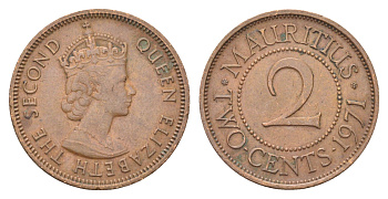 Маврикий 2 цента 1971 Елизавета II (1952-2022) KM 32 бронза 4706-724