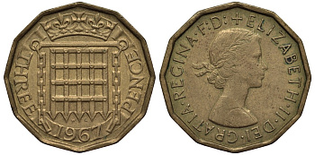 Великобритания 3 пенса 1967 Елизавета II (1952-2022) KM 900, Spink 4153 никель латунь 4538-1134