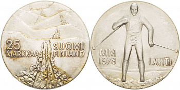 Финляндия 25 марок 1978 K-N, 21 Чемпионат мира по лыжным видам спорта 1978 в Лахти KM 56 серебро UNC 1515-1242