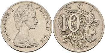 Австралия 10 центов 1975 Елизавета II (1952-), птица лирахвост KM 65 медно-никель 4566-456