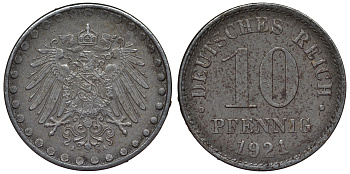 Германия 10 пфеннигов 1921 A KM 20, J. 298 железо 4119-211