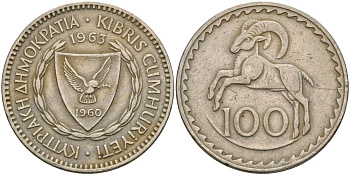 Кипр 100 милсов 1963 европейский муфлон KM 42 медно-никель 4111-421