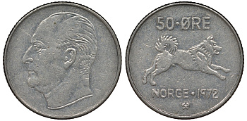 Норвегия 50 эре 1972 Улаф V (1957-1991), собака KM 408 медно-никель 4128-1137