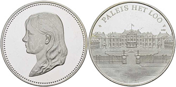 НИДЕРЛАНДЫ МЕДАЛЬ ND СЕРИЯ КОРОЛЕВСКАЯ ДИНАСТИЯ НИДЕРЛАНДОВ, КОРОЛЕВА ВИЛЬГЕЛЬМИНА, ДЕТСКИЙ ПОРТРЕТ, ДВОРЕЦ ХЕТ ЛОО, ДИАМЕТР 38 ММ., ВЕС 25 ГР. серебро PROOF 1076-9-14