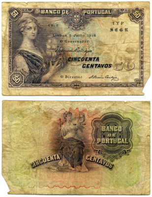 Португалия 50 сентаво 1918 5 июля 1918, подпись Jose Pereira Cardozo Pick 112b. 1918(5)  бумага  F 00-00