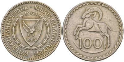 Кипр 100 милсов 1963 европейский муфлон KM 42 медно-никель 4111-421