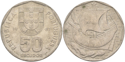 Португалия 50 эскудо 1987 парусник KM 636 медно-никель 4572-1124