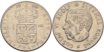 Швеция 1 крона 1969 U, Густав VI Адольф (1950-1973) KM 826a медь плакированный медно-никелем 4150-253