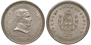Уругвай 25 сентесимо 1960 KM 40 медно-никель 4169-1011